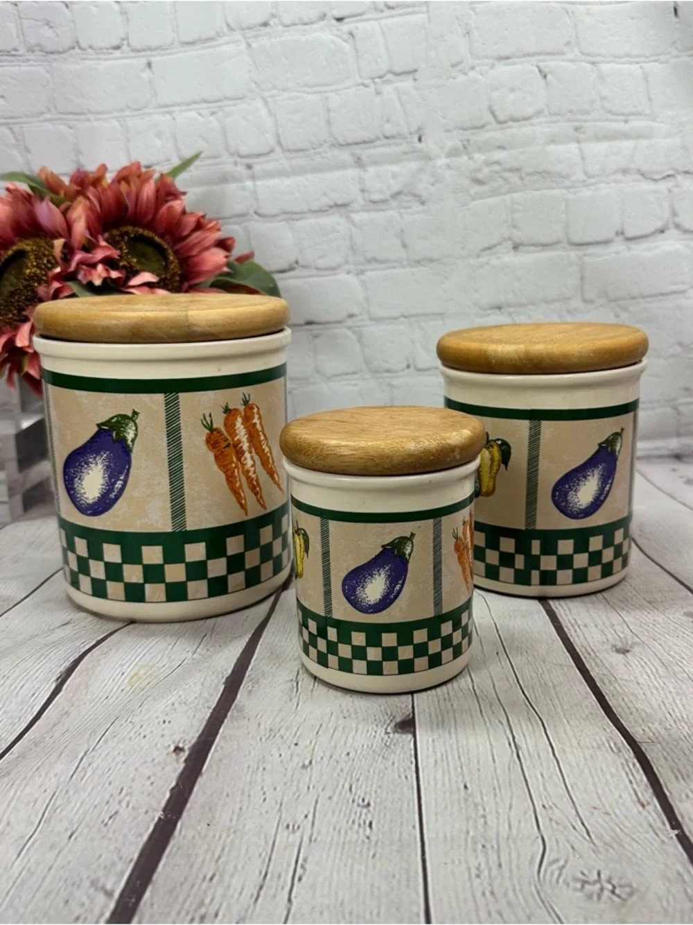 vtg Himark vegetable medley Canister Set 3pc cottage country farmhouse 90s retro